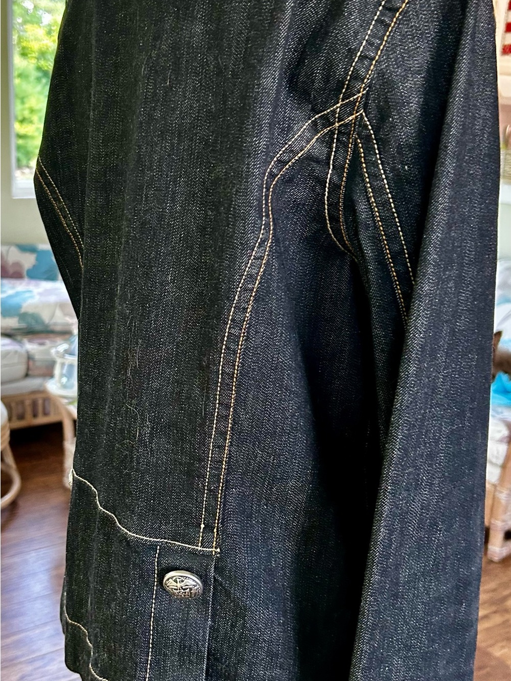Vintage Old Navy Dark Blue Denim Military-Style Jacket with Contrast Stitching L - Picture 3 of 12